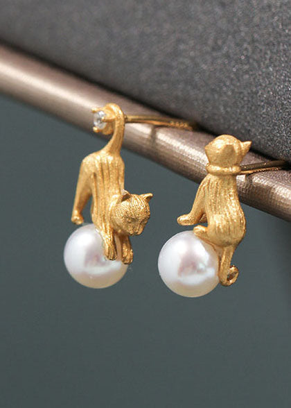 Fashion Yellow 14K Gold Cute Cats Pearl Asymmetrical Design Stud Earrings