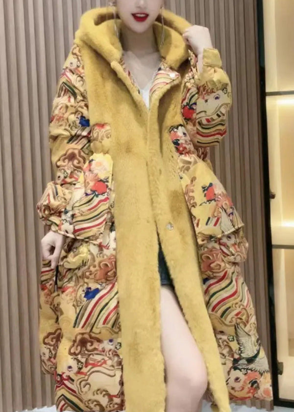 Fashion Yellow Print Patchwork Button Faux Fur Thick Long Hooded Coat Winter