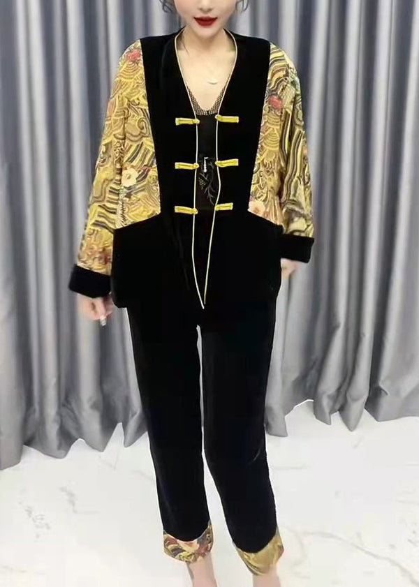 Fashion Yellow V Neck Print Patchwork Silk Velour Coats And Crop Pants Two Pieces Set Fall