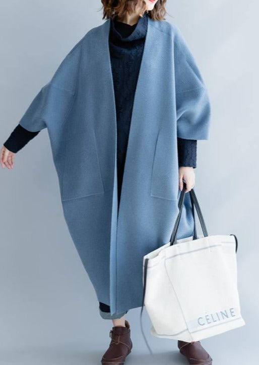 Blue Wool Overcoat Loose Long Winter Coat Fall Jackets Batwing Sleeve