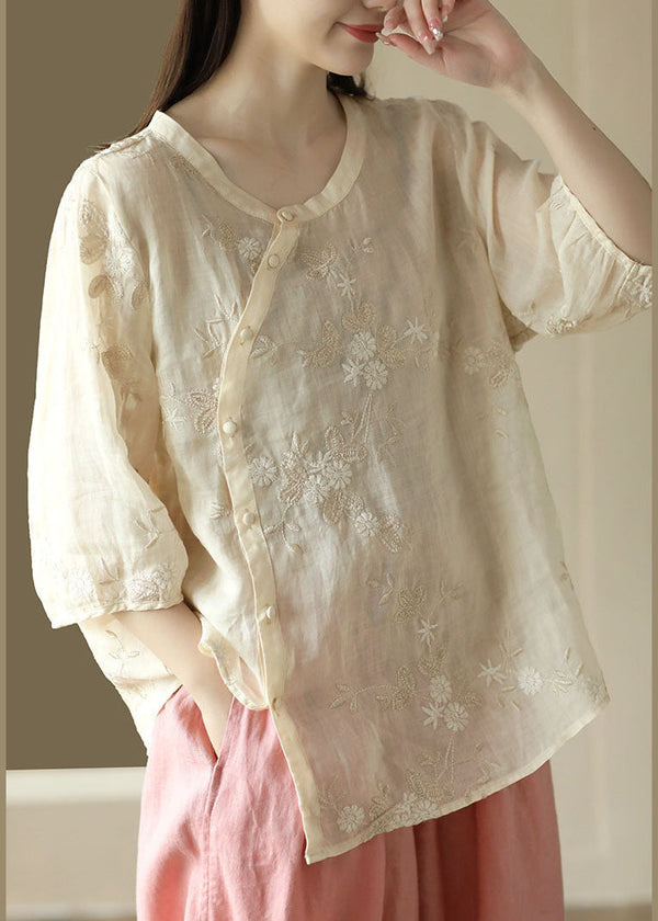 Fine Apricot Embroidered Button Patchwork Linen Top Summer