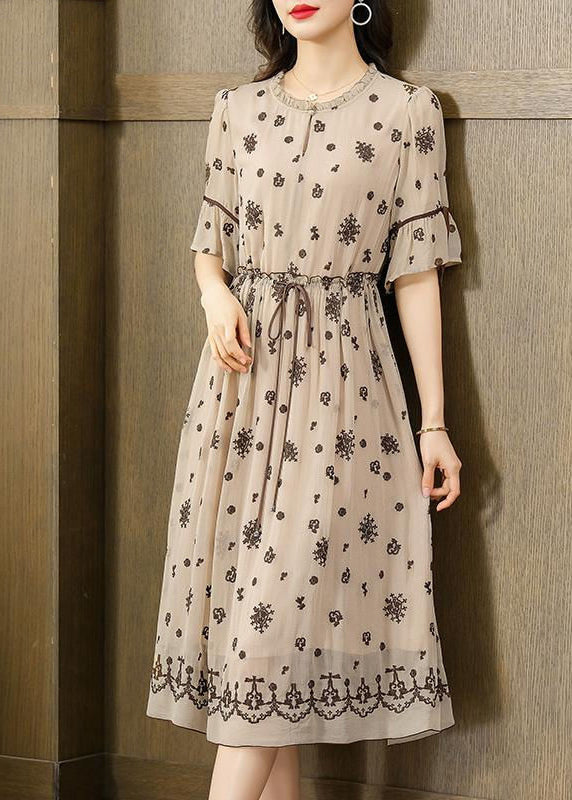 Fine Beige Ruffled Embroidered Exra Large Hem Silk Cinched Dress Summer