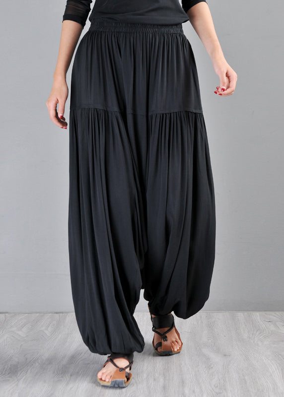 Fine Black Elastic Waist Patchwork Cotton Beam Pants Summer