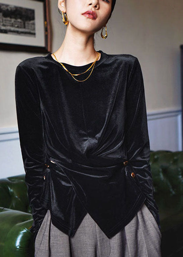 Fine Black O-Neck Asymmetrical Silk Velour Top Long Sleeve