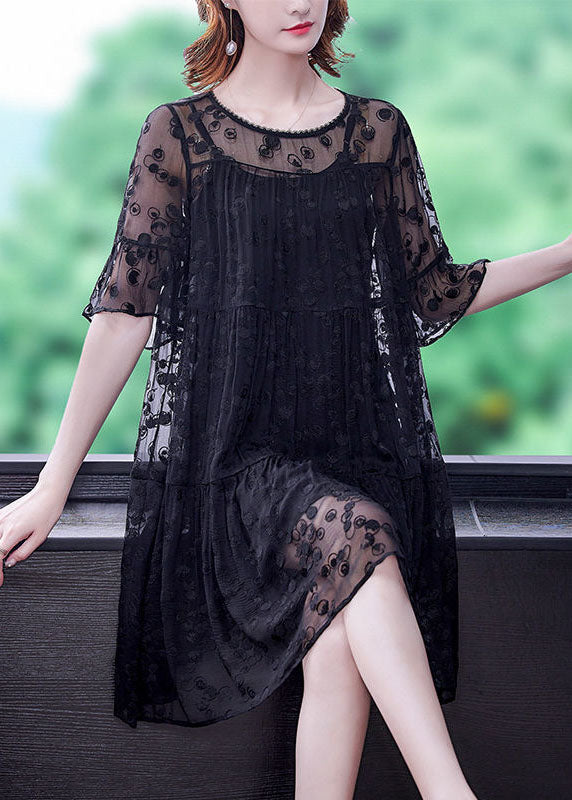 Fine Black O-Neck Embroidered Wrinkled Tulle Dress Two Pieces Set Summer