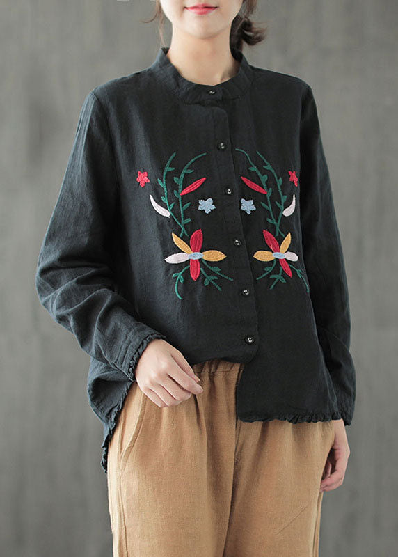 Fine Black Ruffled Embroidered Patchwork Cotton Shirt Tops Long Sleeve