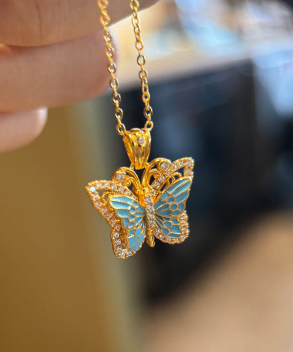 Fine Blue Ancient Dharma Gold Zircon Butterfly Pendant Necklace