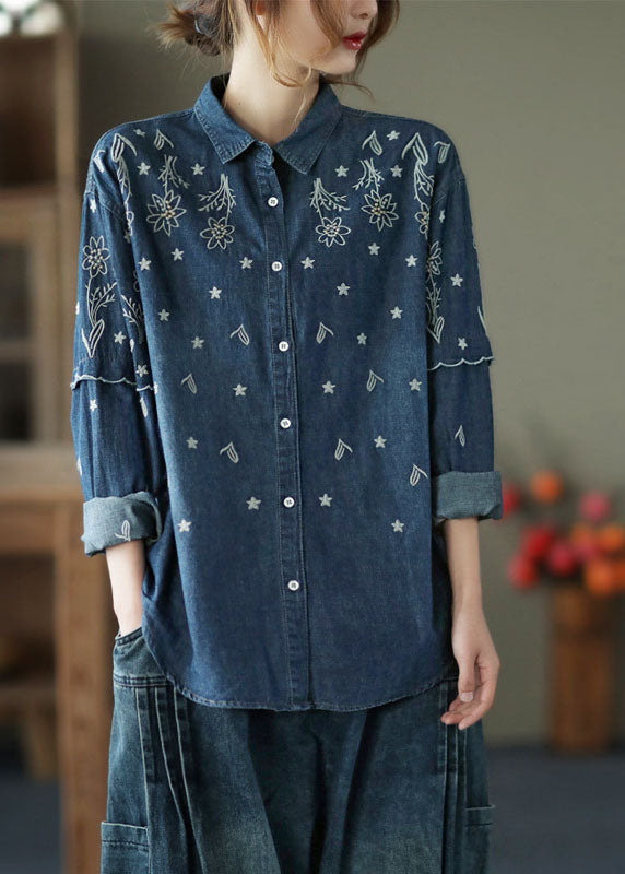 Fine Blue Embroidered Patchwork Cotton Denim Shirt Spring