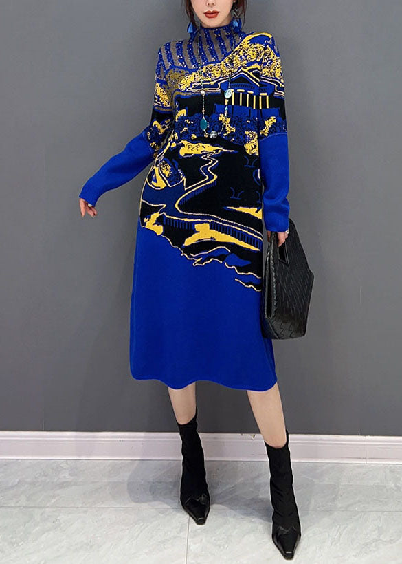 Fine Blue Hign Neck Print Knit Long Dresses Winter