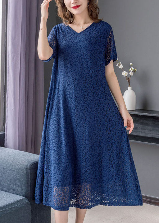 Fine Blue V Neck Wrinkled Patchwork Lace Dress Summer