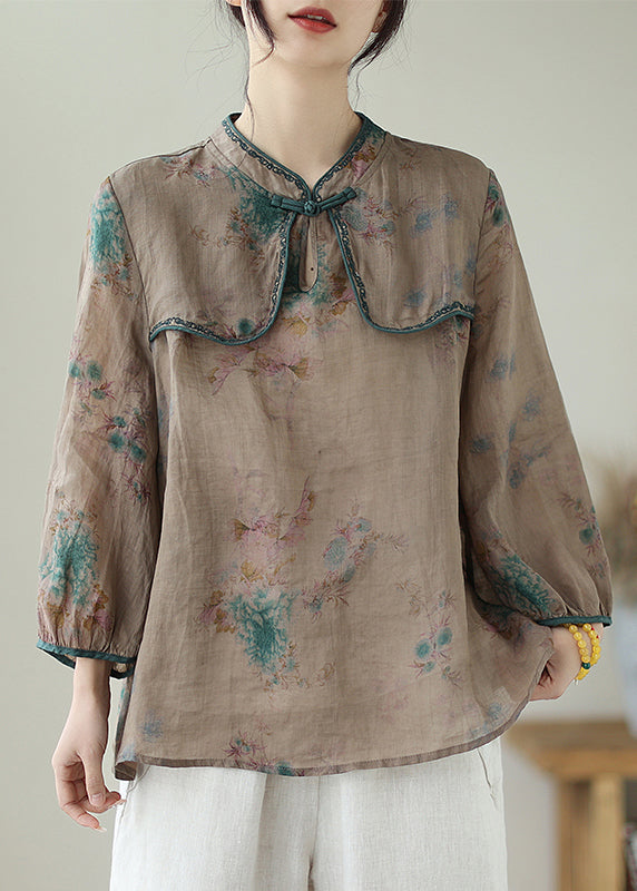 Fine Chocolate Embroidered Print Chinese Button Linen Top Summer