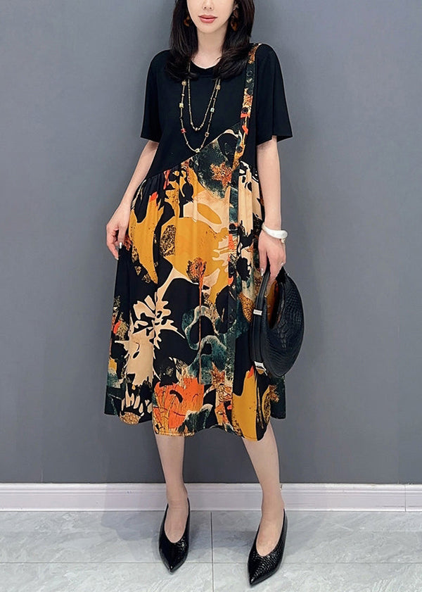 Fine Colorblock O Neck Wrinkled Print Patchwork Cotton Dresses Summer