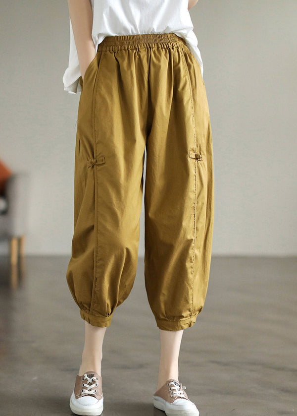 Fine Ginger Patchwork Button Cotton Crop Pants Summer