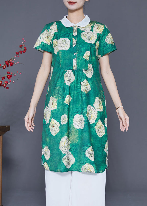 Fine Green Peter Pan Collar Floral Chiffon Shirt Dress Summer