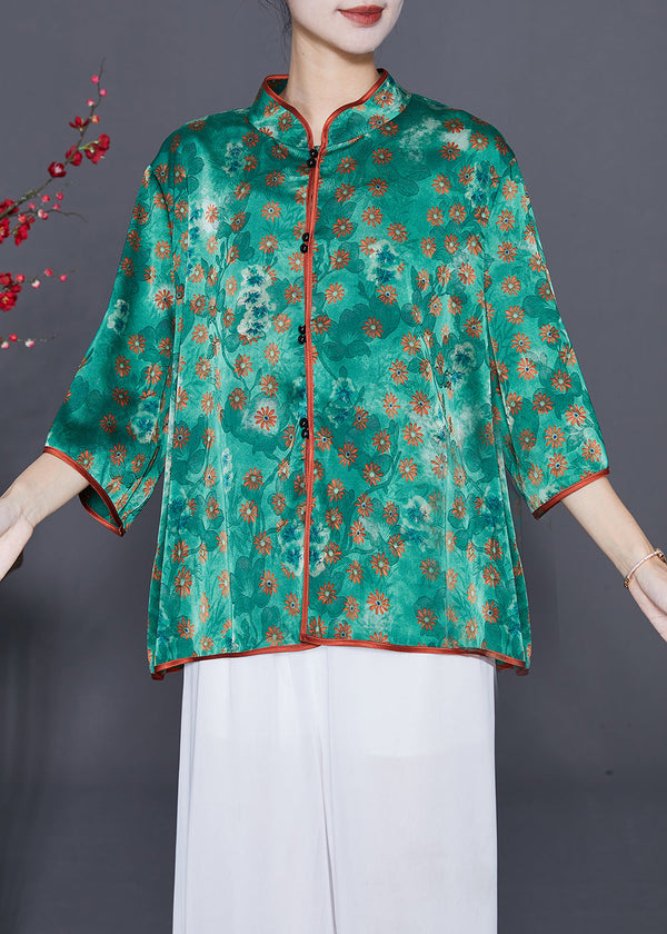 Fine Green Stand Collar Print Silk Shirts Summer