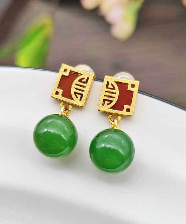 Fine Green Sterling Silver Overgild Jade Drop Earrings