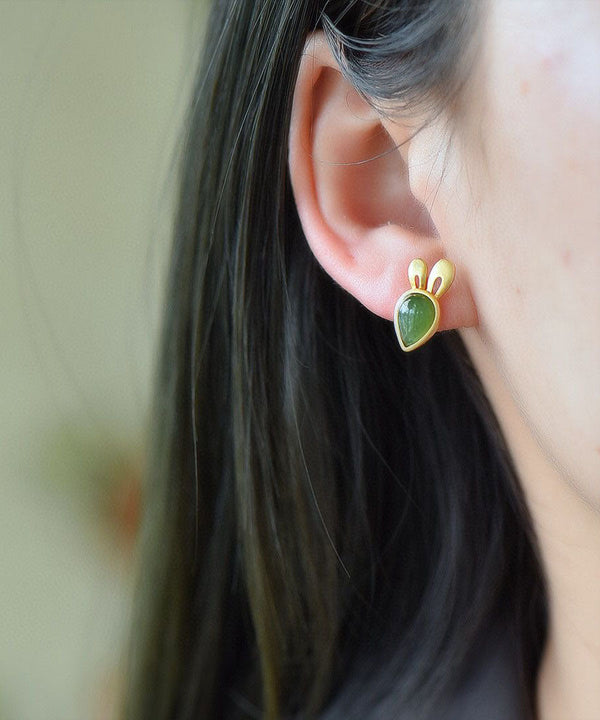 Fine Green Strerling Silver Overgild Jade Little Rabbit And Carrot Stud Earrings