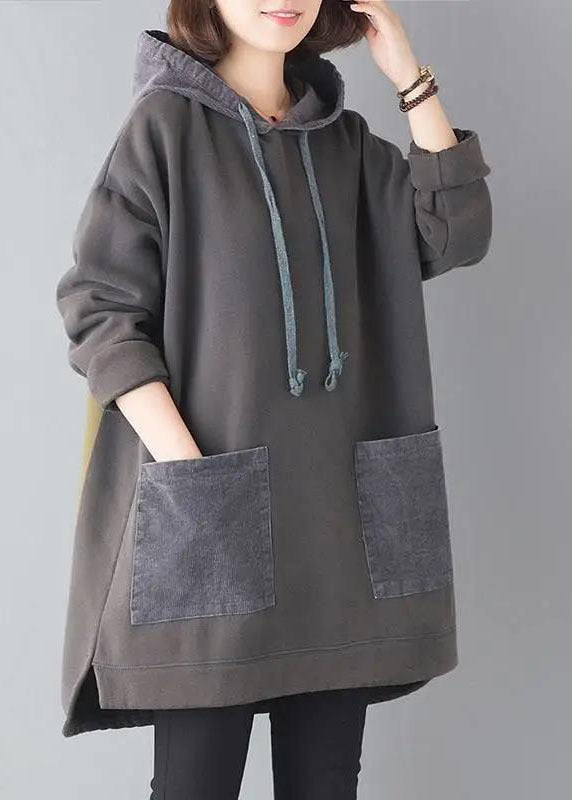 Fine Grey Hooded Pockets Patchwork Warm Fleece Loose Sweatshirt Winter