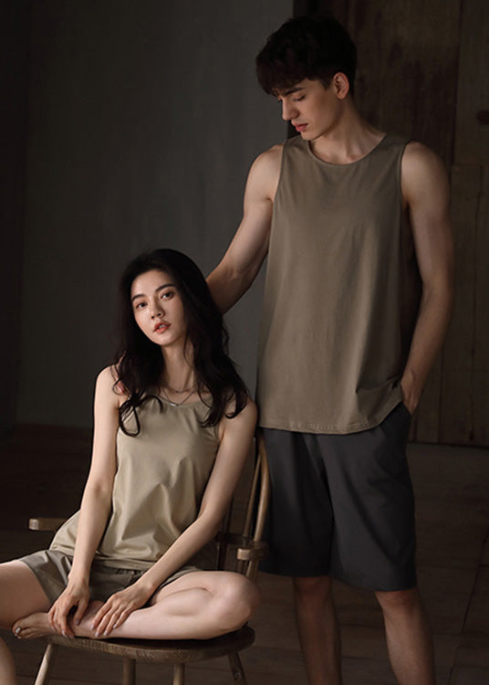 Fine Khaki O-Neck Cozy Cotton Couple Pajamas Two Pieces Set Summer