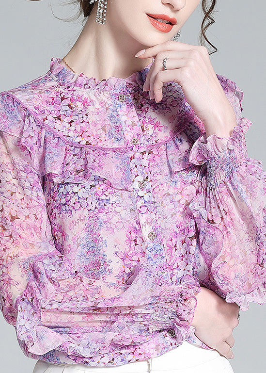 Fine Light Purple Ruffled Print Button Silk Shirts Long Sleeve