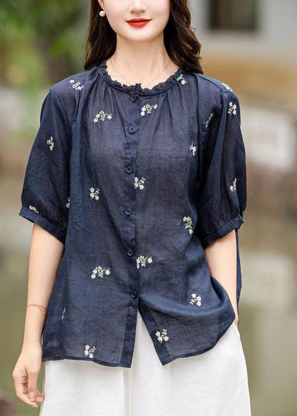 Fine Navy Embroidered Patchwork Linen Shirt Top Summer