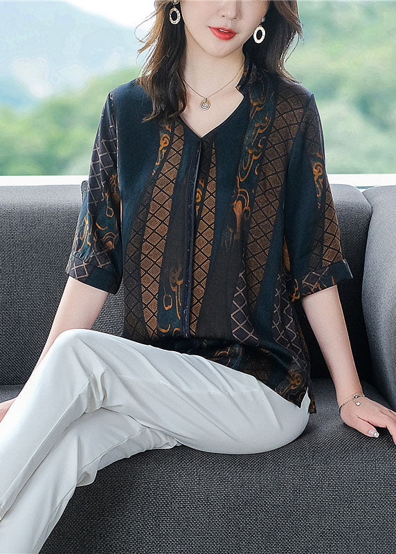 Fine Navy V Neck Print Patchwork Silk Shirt Summer