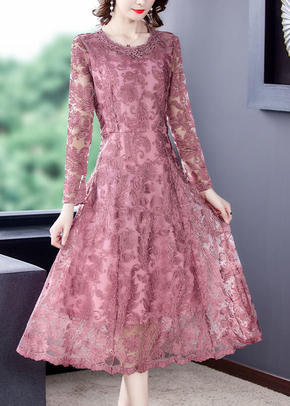 Fine Pink Embroidered Patchwork Lace Holiday Dresses Spring