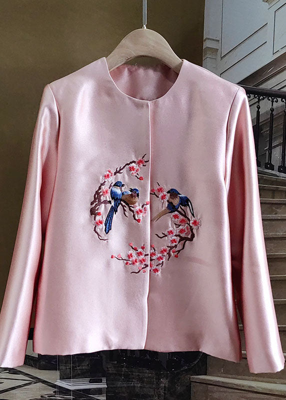 Fine Pink O-Neck Embroidered Patchwork Silk Coat Spring