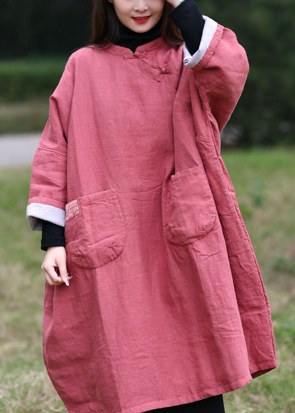 Fine Pink Oriental Button Oversized Pockets Cotton Filled Dress Spring