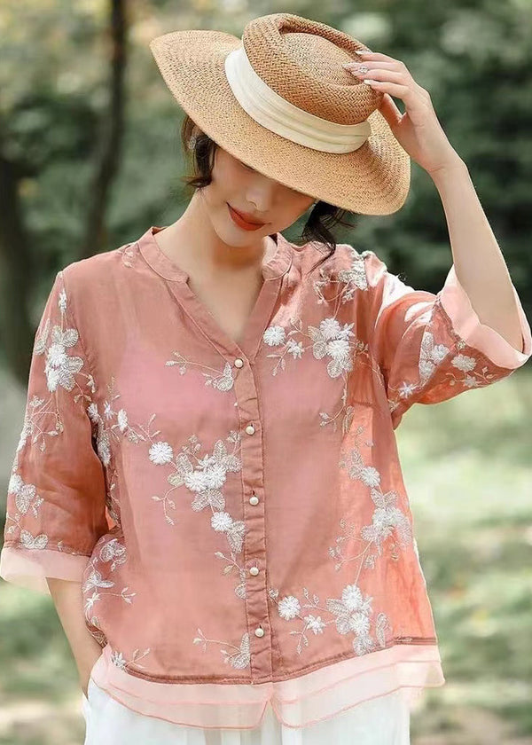 Fine Pink V Neck Embroidered Patchwork Linen Shirt Summer