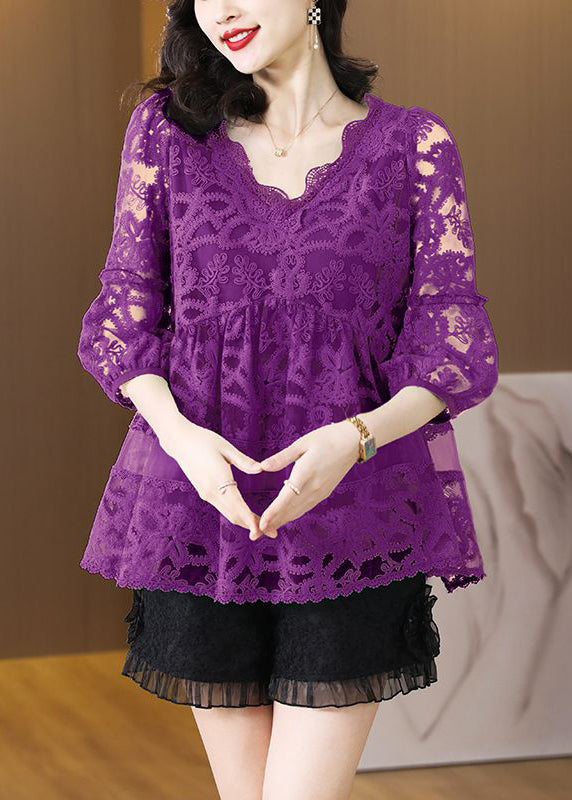 Fine Purple Embroidered Hollow Out Tulle Top Bracelet Sleeve