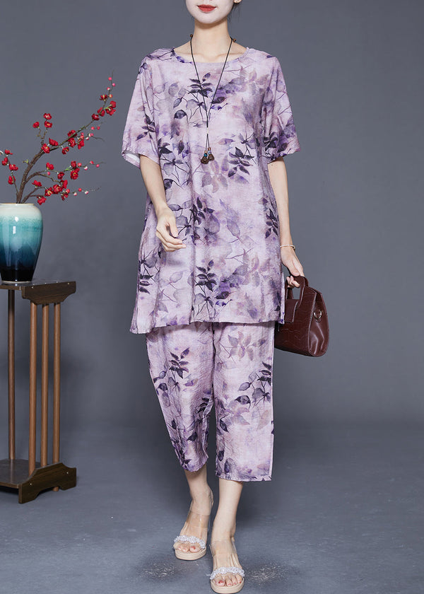 Fine Purple Oversized Print Linen Silk Two Pieces Set Summer