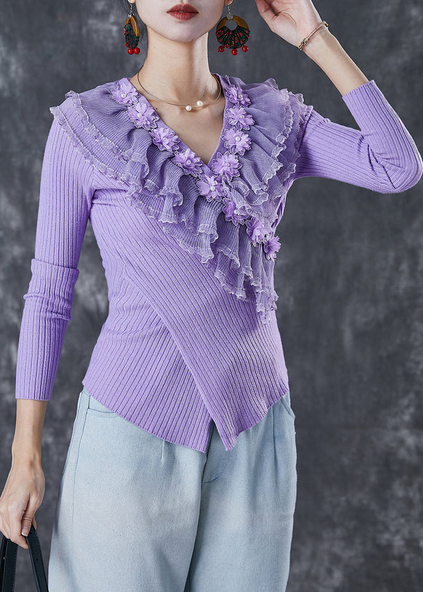 Fine Purple Ruffled Asymmetrical Silm Fit Knit Tops Spring