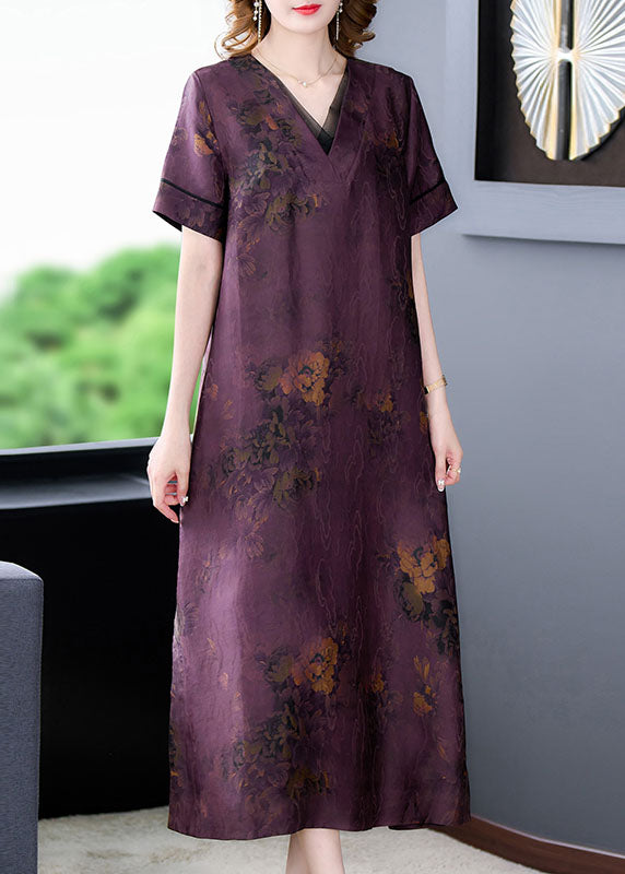 Fine Purple V Neck Print Patchwork Silk Long Dresses Summer