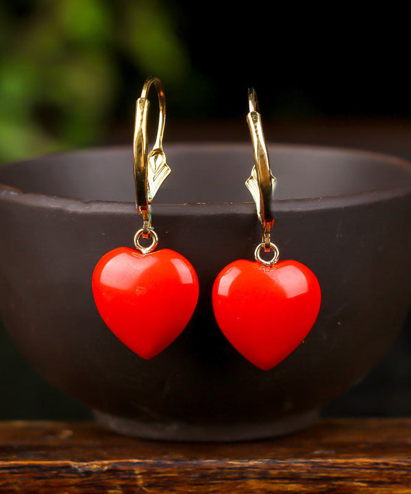 Fine Red 14K Gold Love Cinnabar Drop Earrings