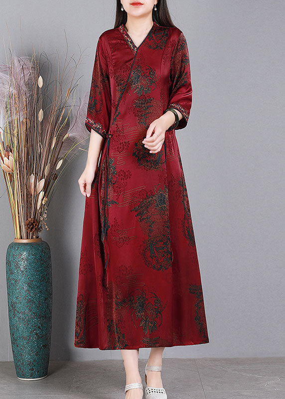 Fine Red V Neck Embroidered Asymmetrical Design Print Silk Vacation Dresses Half Sleeve