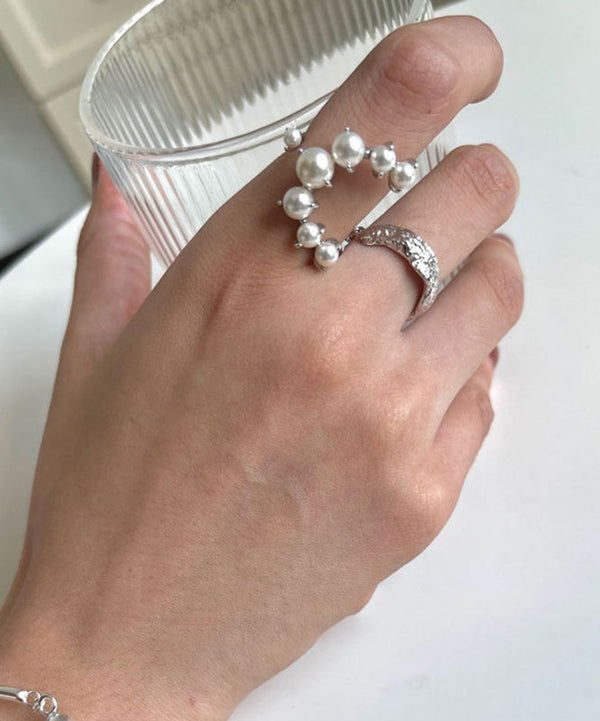 Fine Silk Sterling Silver Pearl Two Piece Set Rings