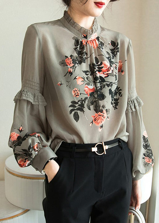 Fine Stand Collar Print Ruffles Chiffon Tops Bottoming Shirt