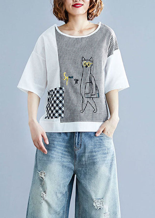 Fine White O Neck Plaid Patchwork Cartoon Embroidered Cotton Tops Short Sleeve