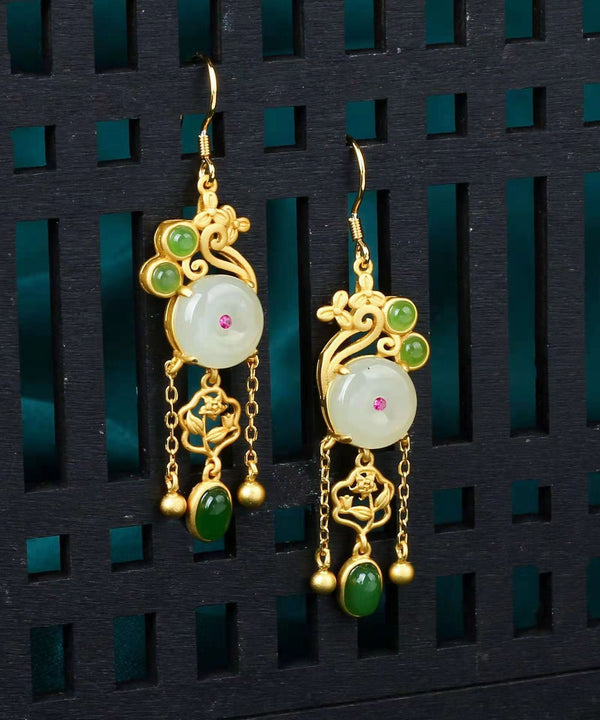 Fine White Sterling Silver Inlaid Gem Stone Jade Tassel Drop Earrings