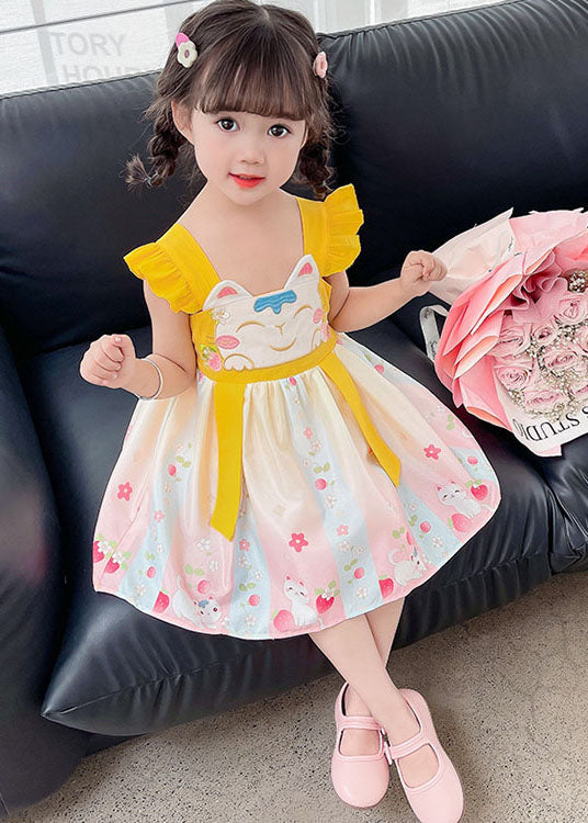 Fine Yellow Ruffled Embroidered Patchwork Cotton Baby Girls Dresses Summer