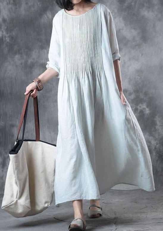 Fine Long Linen Dress Loose Fitting Solid Loose Folded Pocket White Dress