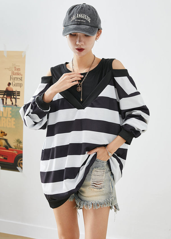 Fitted Black Cold Shoulder Patchwork Striped Cotton Sweatshirt Fall