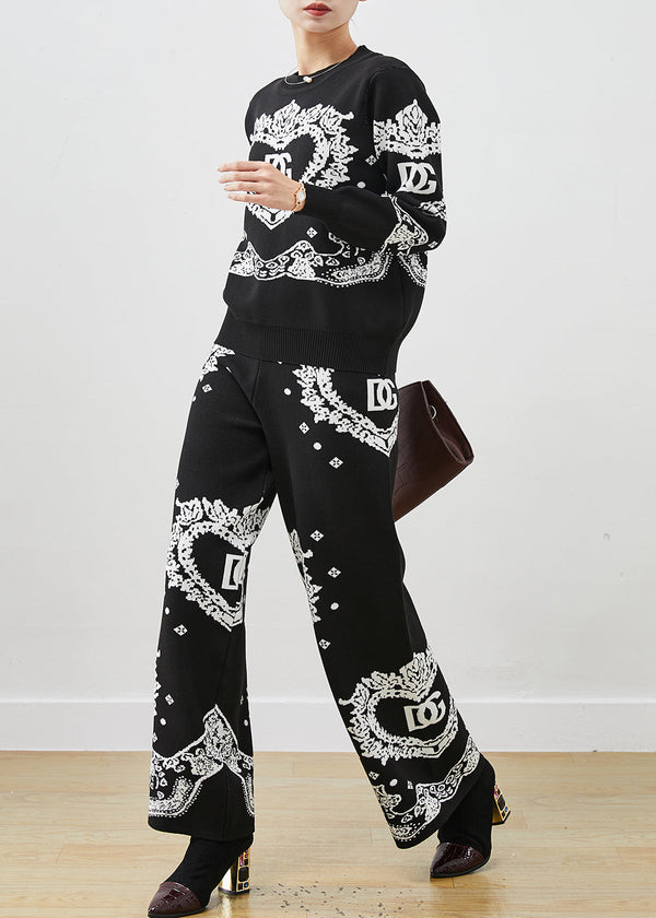 Fitted Black Oversized Print Cotton Two Pieces Set Spring