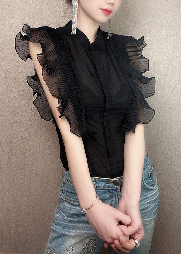 Fitted Black Ruffled Patchwork Chiffon Shirt Tops Summer