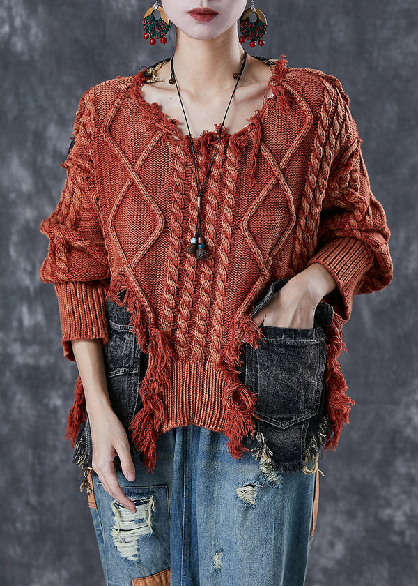 Fitted Brick Red Asymmetrical Patchwork Knit Short Sweater Winter