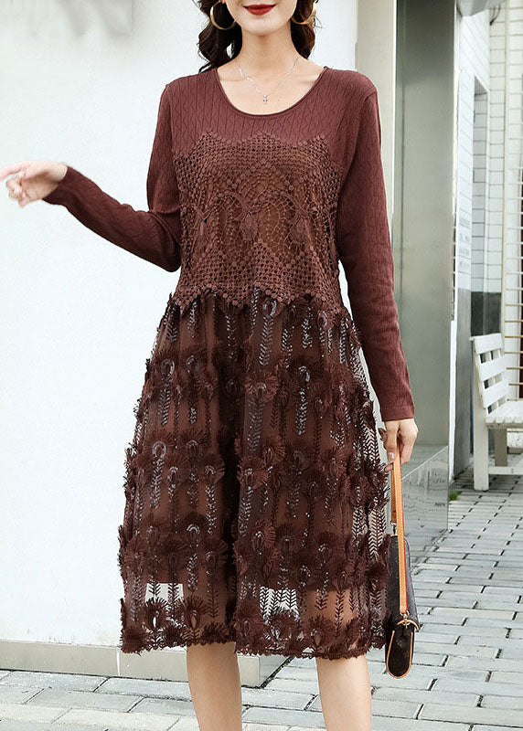 Fitted Coffee Embroidered Patchwork Knit Dresses Spring