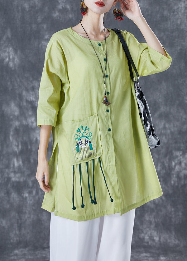 Fitted Green Embroidered Tassel Linen Top Half Sleeve