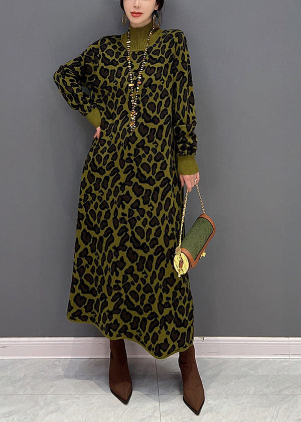 Fitted Green High Neck Oversized Leopard Print Long Knit Dress Winter