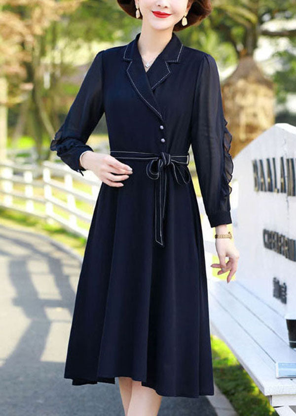 Fitted Navy Peter Pan Collar Patchwork Ruffles Chiffon Cinch Dresses Long Sleeve